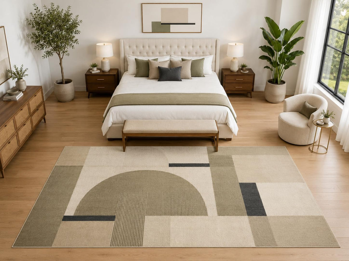 ICE ARMOR "Ultra Light Weight Large 6'7" x 9'10" Modern Geometric Arch Rug, Soft Low Pile Indoor Rug, Non-Slip Silicone Backing for Bedroom Beige