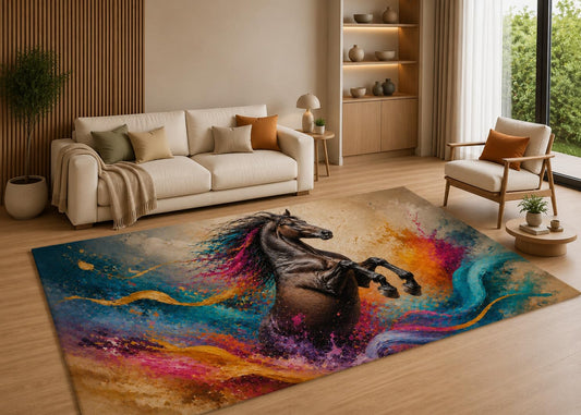 ICE ARMOR 5' x 7' Colorful Abstract Horse Area Rug with Non-Slip Silicone Backing Low Pile Soft Carpet for Living Room Bedroom Office Modern Animal Art Decor