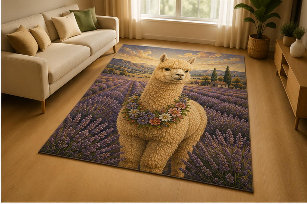 ICE ARMOR 5' x 7' Alpaca Lavender Field Area Rug for Living Room, Soft Low Pile Indoor Rug with Non-Slip Silicone Backing, Farmhouse Animal Decor for Bedroom, Nursery, Kids Room, Kids & Pets