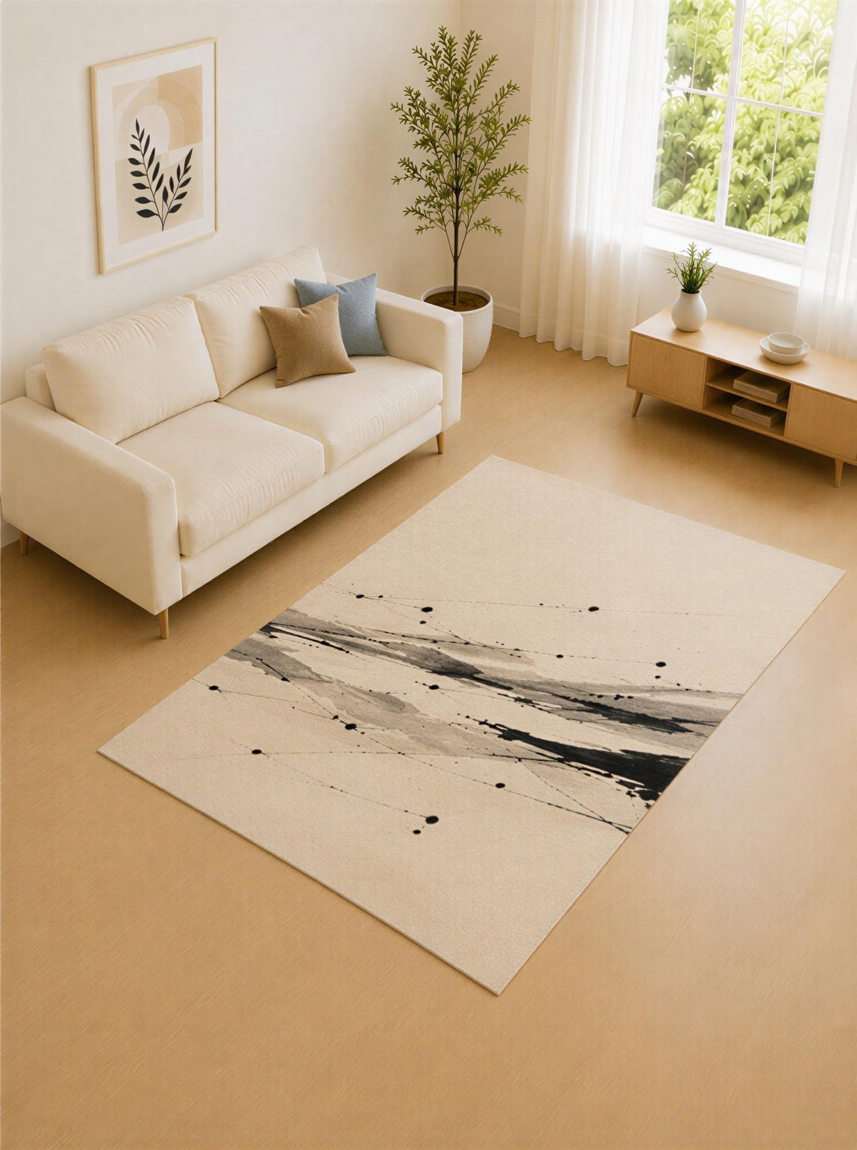 ICE ARMOR 5' x 7' Black and Cream Brush Sweep Area Rug for Living Room, Soft Low Pile Carpet with Non-Slip Silicone Backing, Decor for Bedroom and Home Office