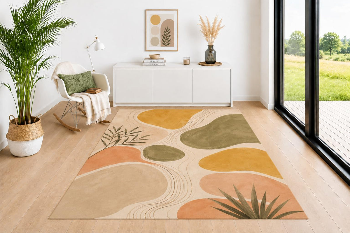 ICE ARMOR 5' x 7' Organic Shapes Area Rug, Geometric Botanical Leaf Pattern in Sage Green Mustard Terracotta Beige, Neutral Floor Carpet for Living Room Bedroom Office