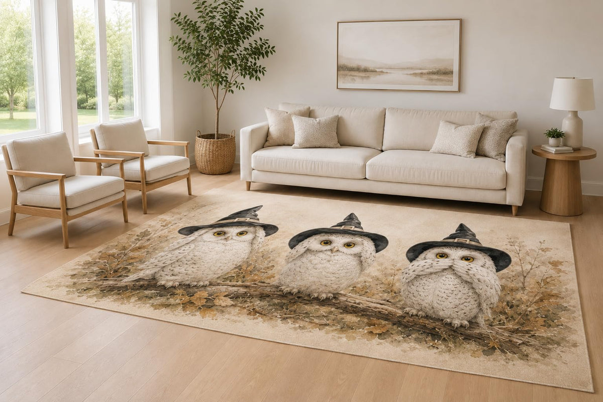 ICE ARMOR Large 6'7" x 9'10" Cream and Taupe Autumn Owls Area Rug for Living Room, Soft Low Pile Carpet with Non-Slip Silicone Backing, Decor for Bedroom and Home Office