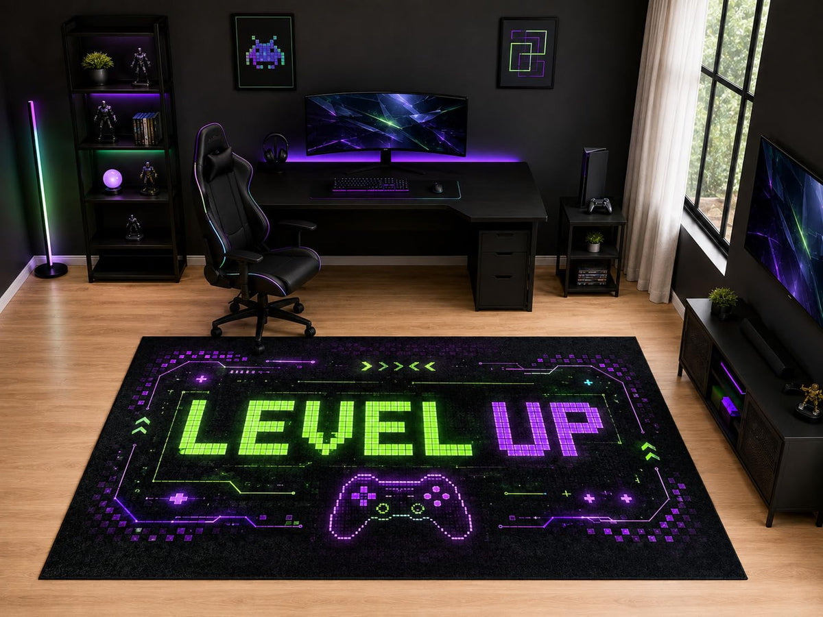 ICE ARMOR "Ultra Light Weight Large 6'7" x 9'10" Level Up Controller Rug, Soft Low Pile Indoor Rug, Non-Slip Silicone Backing for Playroom Black