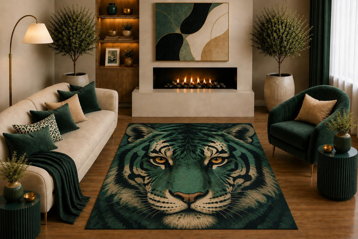 ICE ARMOR "Ultra Light Weight 5' x 7' Green Tiger Face Area Rug Modern Wildlife Portrait Art for Living Room Bedroom Office Jungle Safari Decor Non-Slip Silicone Backing Low Pile