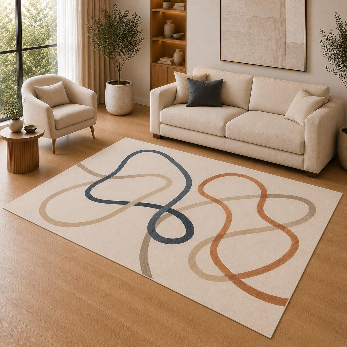 ICE ARMOR 5' x 7' Modern Abstract Loop Line Area Rug for Living Room, Soft Low Pile Indoor Rug with Non-Slip Silicone Backing, Decorative Carpet for Bedroom, Office, Family Room, Beige