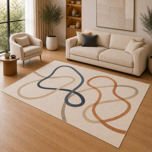 ICE ARMOR 5' x 7' Modern Abstract Loop Line Area Rug for Living Room, Soft Low Pile Indoor Rug with Non-Slip Silicone Backing, Decorative Carpet for Bedroom, Office, Family Room, Beige