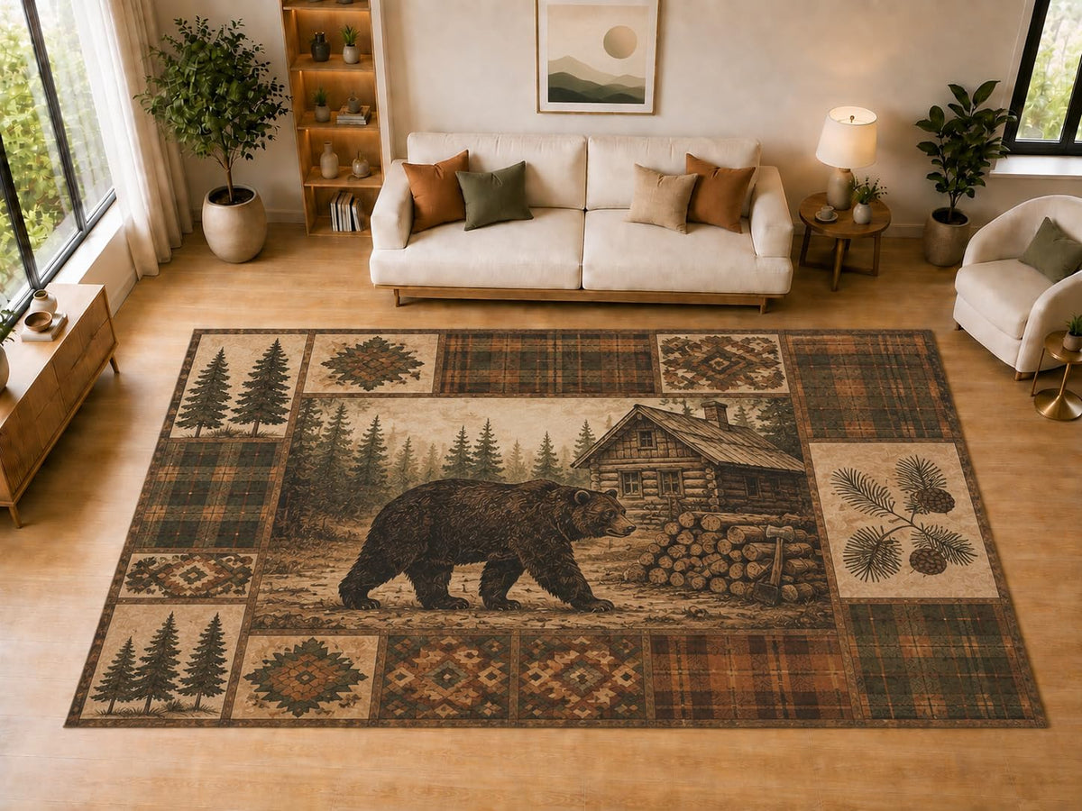 ICE ARMOR "Ultra Light Weight Large 6'7" x 9'10" Bear Lodge, Living Room, Bedroom, Dining Room, Office, Family Room, Soft Low Pile Indoor Rug, Non-Slip Silicone Backing, Brown