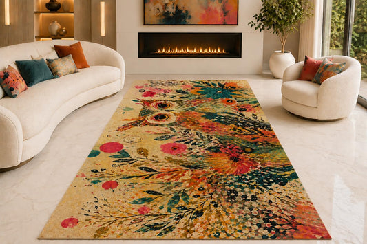 ICE ARMOR "Ultra Lightweight Large 6'7" x 9'10" Wildflower Garden Area Rug for Living Room, Bedroom and Home Office, Soft Low Pile Carpet with Non-Slip Silicone Backing, Orange and Green
