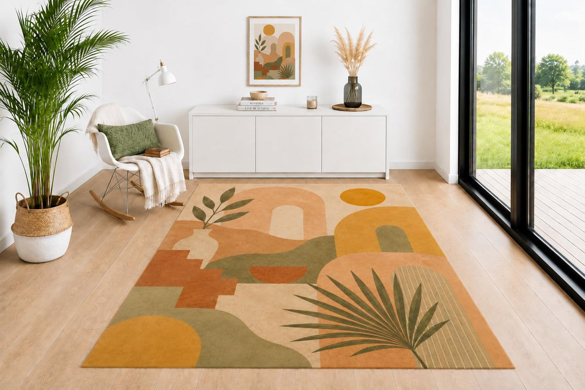 ICE ARMOR 5' x 7' Botanical Floral Area Rug, Daisy Palm Leaf Pattern in Sage Green Terracotta Mustard Beige, Floor Carpet for Living Room Bedroom Office