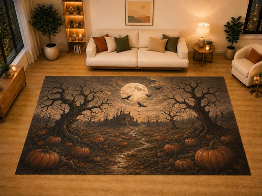 ICE ARMOR "Ultra Light Weight Large 6'7" x 9'10" Haunted Pumpkin Field Full Moon Area Rug for Living Room Bedroom, Soft Low Pile Non-Slip Backing, Black Orange Spooky Autumn Decor