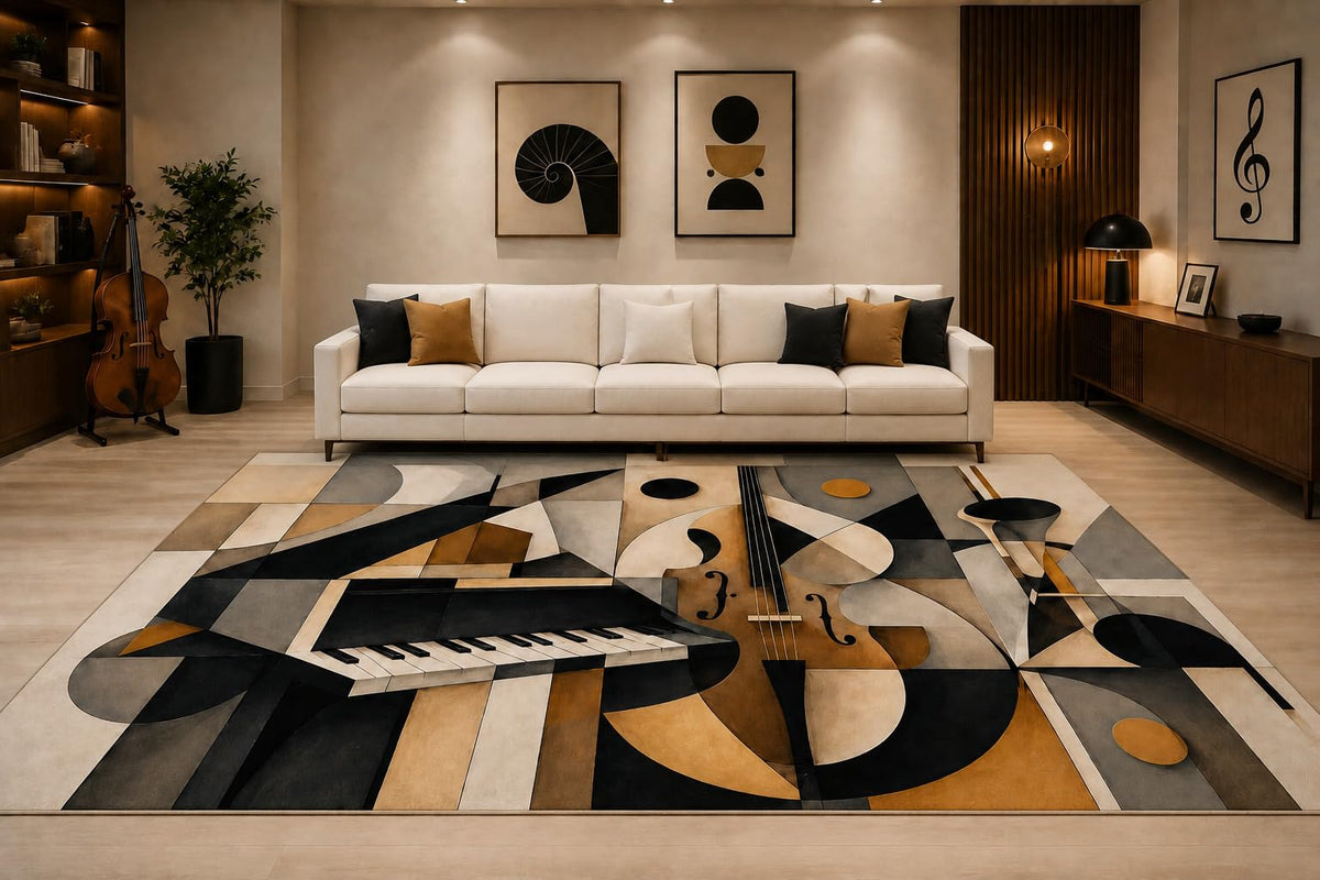 ICE ARMOR "Ultra Lightweight Large 6'7" x 9'10" Geometric Piano Keys Area Rug for Living Room, Bedroom and Home Office, Soft Low Pile Carpet with Non-Slip Silicone Backing, Black and Beige