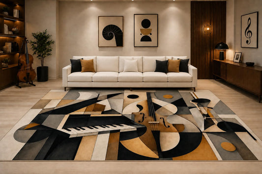 ICE ARMOR "Ultra Lightweight Large 6'7" x 9'10" Geometric Piano Keys Area Rug for Living Room, Bedroom and Home Office, Soft Low Pile Carpet with Non-Slip Silicone Backing, Black and Beige
