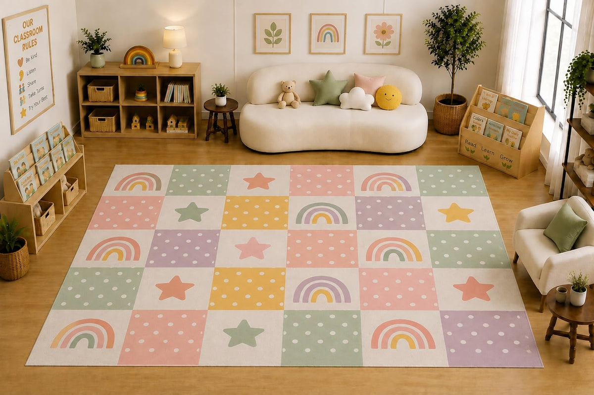 ICE ARMOR Large 6'7" x 9'10" Rainbow Star Grid Area Rug for Kids Room, Classroom, Bedroom, Playroom Decor, Soft Low Pile Indoor Rug with Non-Slip Silicone Backing, Cream Pastel