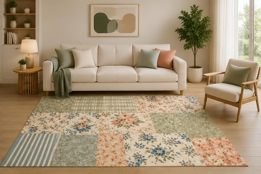 ICE ARMOR 5' x 7' Patchwork Floral Area Rug, Vintage Quilt Cottagecore Botanical Design for Bedroom Living Room Nursery, Non-Slip Silicone Backing, Low Pile Carpet