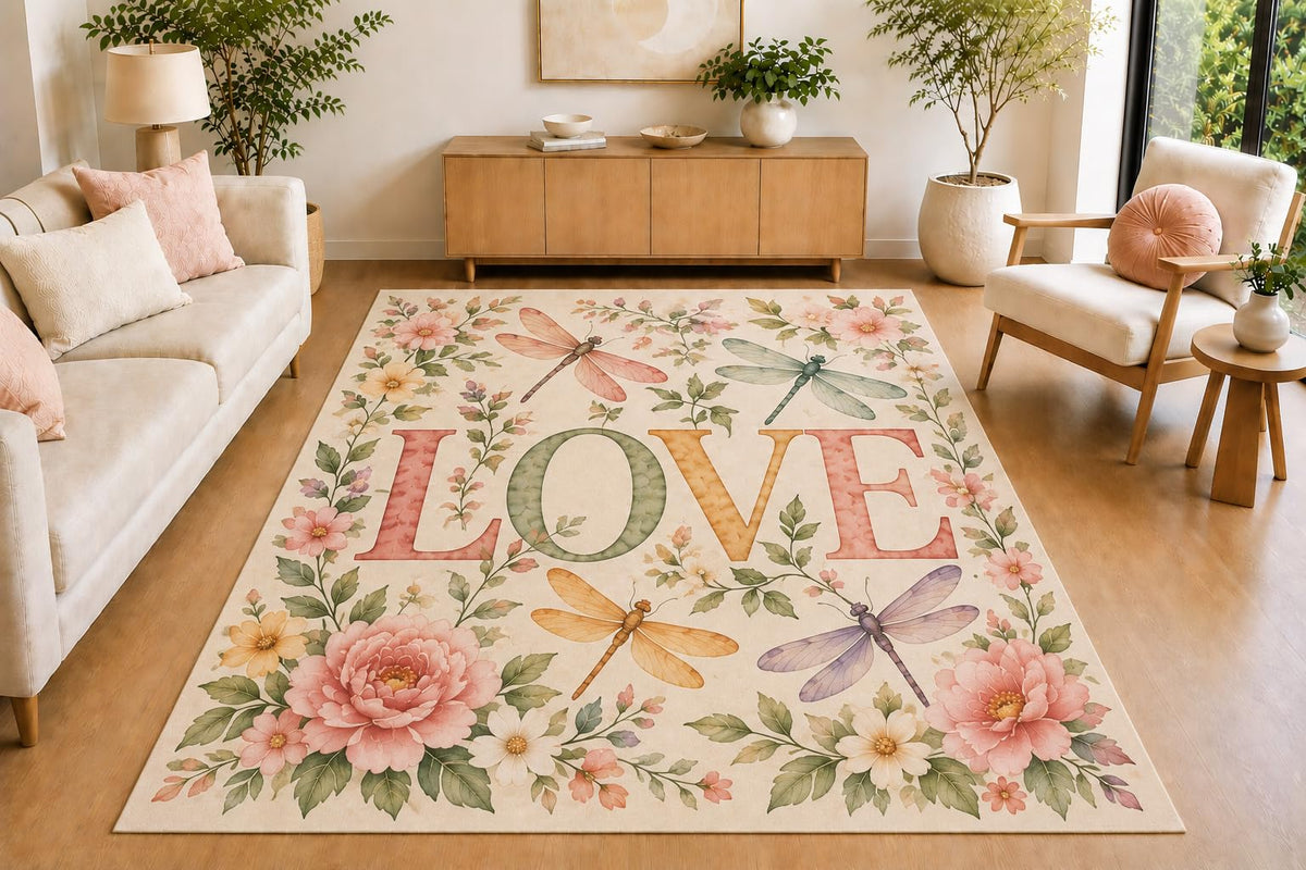 ICE ARMOR 5' x 7' Dragonfly Floral Love Area Rug, Soft Low Pile Indoor Rug with Non-Slip Silicone Backing for Living Room, Bedroom, Nursery, Kids Room, Kids & Pets, Cream Pink Green