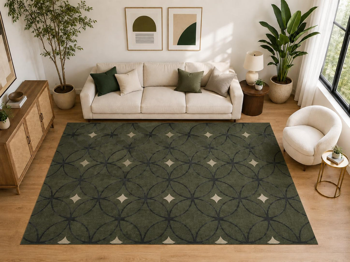 ICE ARMOR Large 6'7" x 9'10" Interlocking Circle Lattice Area Rug for for Bedroom, Living Room, Soft Low Pile Indoor Rug with Non-Slip Silicone Backing, Olive Green Charcoal Ivory