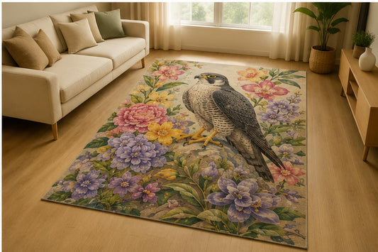 ICE ARMOR 5' x 7' Peregrine Falcon Floral Garden Area Rug for Living Room, Soft Low Pile Indoor Rug with Non-Slip Silicone Backing, Bird Nature Decor for Bedroom, Office, Family Room, Gray Lavender