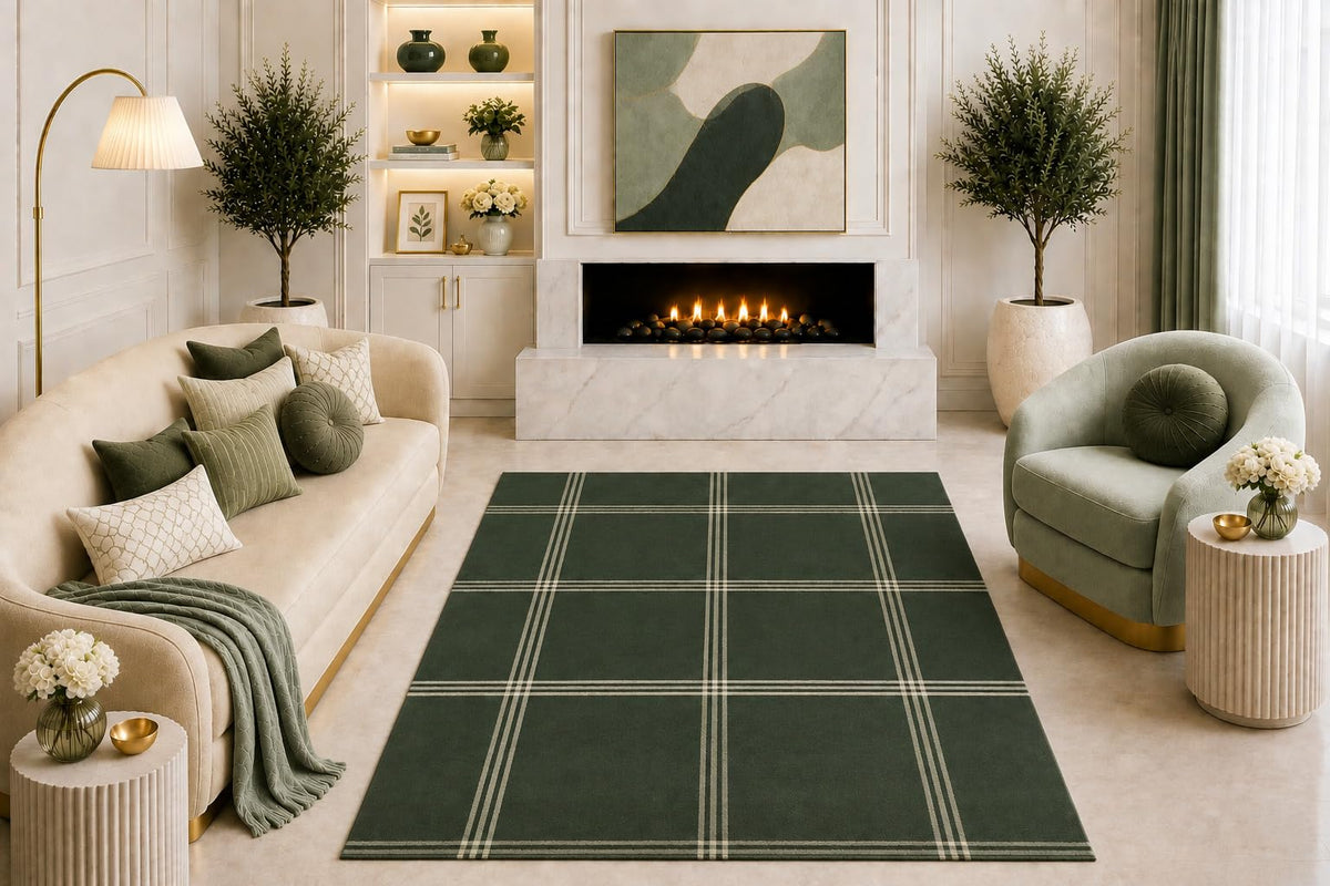 ICE ARMOR "Ultra Light Weight 5' x 7' Dark Forest Green Plaid Area Rug Minimal Tartan Check Pattern Living Room Bedroom Office Home Decor Non-Slip Silicone Backing Low Pile