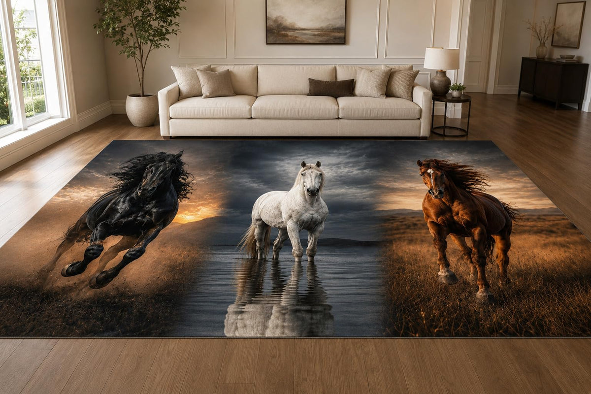 ICE ARMOR "Ultra Lightweight Large 6'7" x 9'10" Wild Horse Trio Area Rug for Living Room, Bedroom and Home Office, Soft Low Pile Carpet with Non-Slip Silicone Backing, Black and White