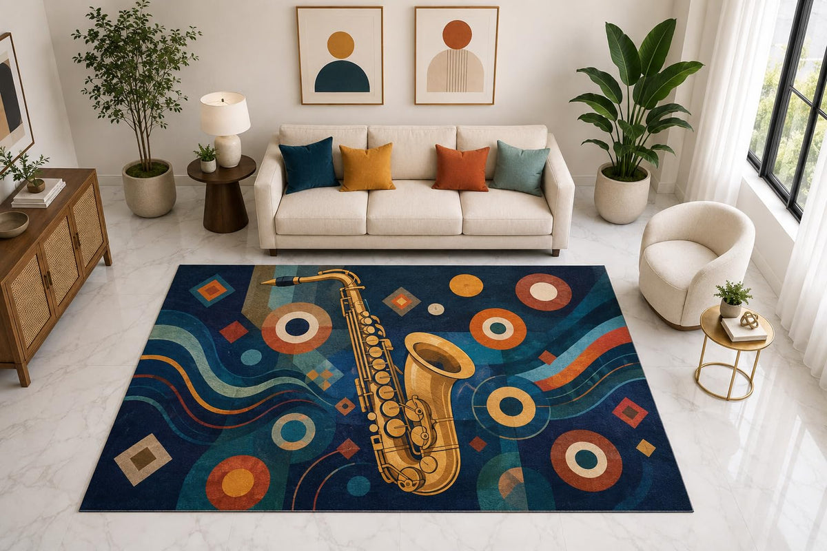 ICE ARMOR "Ultra Light Weight Large 6'7" x 9'10" Saxophone Circle Art Rug, Soft Low Pile Indoor Rug, Non-Slip Silicone Backing for Living Room Blue