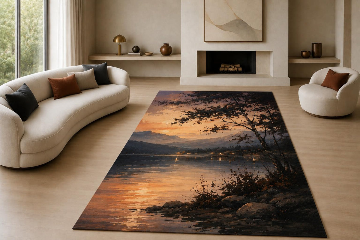 ICE ARMOR "Ultra Lightweight Large 6'7" x 9'10" Sunset Lake Area Rug for Living Room, Bedroom and Home Office, Soft Low Pile Carpet with Non-Slip Silicone Backing, Orange and Black