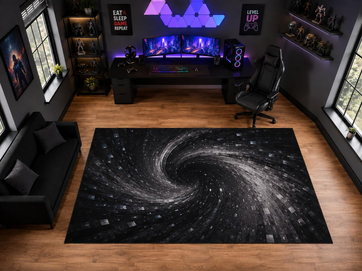ICE ARMOR "Ultra Light Weight Large 6'7" x 9'10" Pixel Galaxy Swirl Vortex Area Rug for Playroom Decor, Soft Low Pile Indoor Rug with Non-Slip Silicone Backing, Black Gray