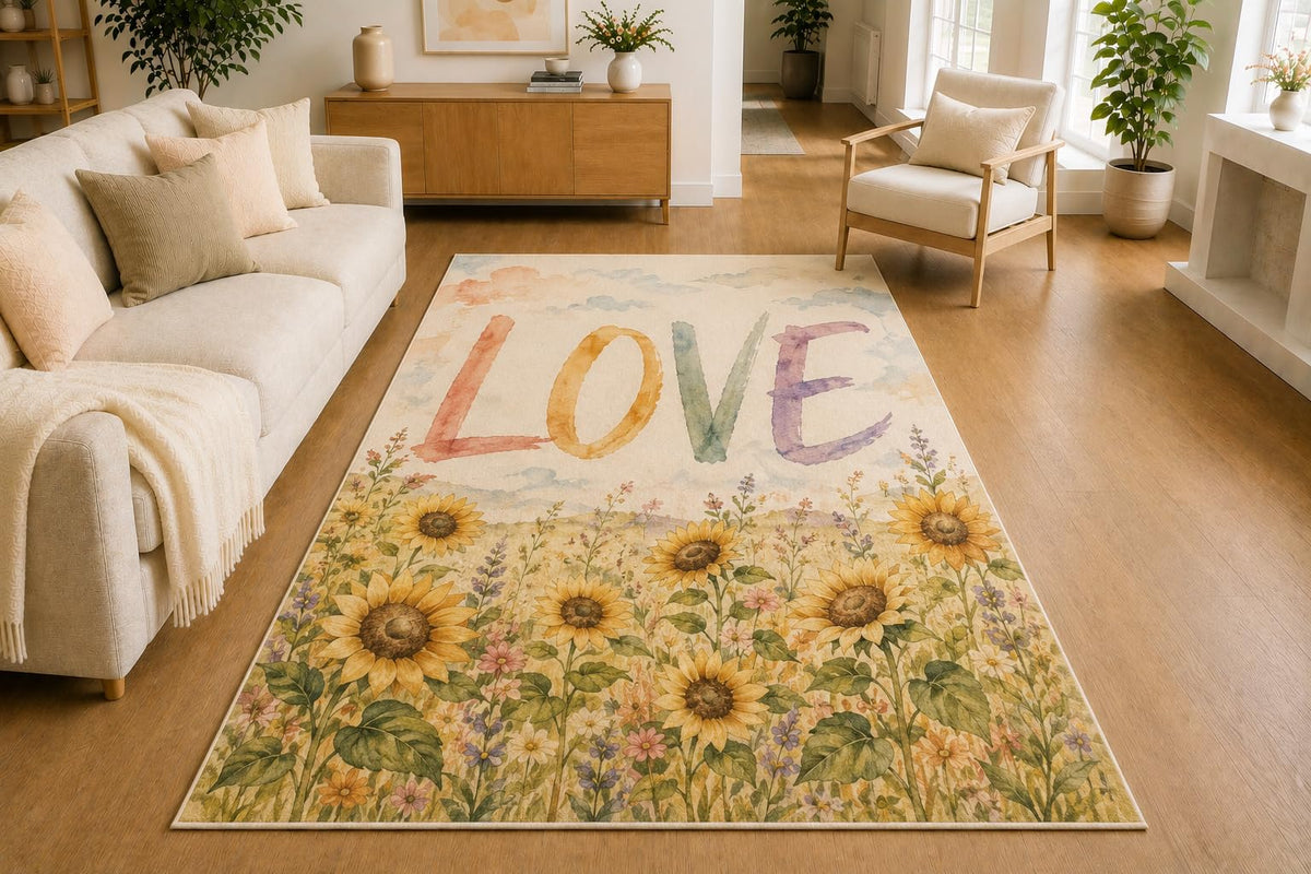 ICE ARMOR 5' x 7' Sunflower Meadow Love Area Rug, Soft Low Pile Indoor Rug with Non-Slip Silicone Backing for Living Room, Bedroom, Dining Room, Family Room, Cream Yellow Green