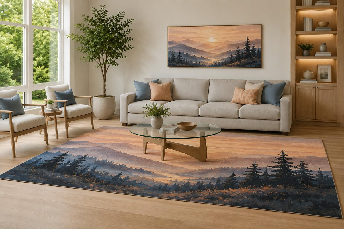 ICE ARMOR Large 6'7" x 9'10" Peach and Blue Sunset Peaks Area Rug for Living Room, Soft Low Pile Carpet with Non-Slip Silicone Backing, Decor for Bedroom and Home Office