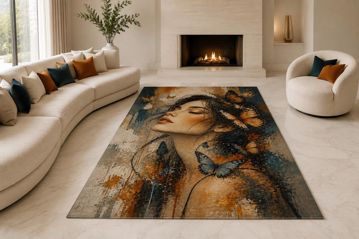 ICE ARMOR "Ultra Lightweight Large 6'7" x 9'10" Dreaming Woman Area Rug for Living Room, Bedroom and Home Office, Soft Low Pile Carpet with Non-Slip Silicone Backing, Charcoal and Orange