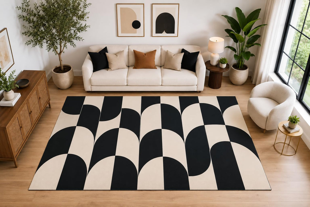 ICE ARMOR Large 6'7" x 9'10" Modern Curved Checkerboard Area Rug for for Bedroom, Living Room, Soft Low Pile Indoor Rug with Non-Slip Silicone Backing, Black Ivory