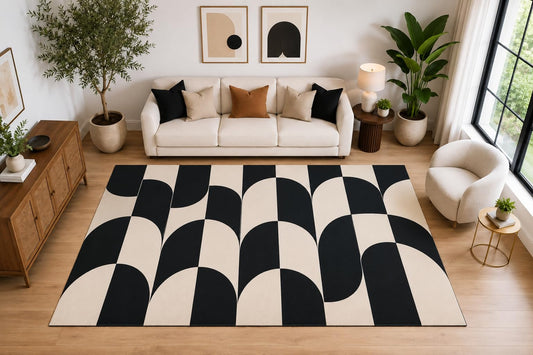 ICE ARMOR Large 6'7" x 9'10" Modern Curved Checkerboard Area Rug for for Bedroom, Living Room, Soft Low Pile Indoor Rug with Non-Slip Silicone Backing, Black Ivory