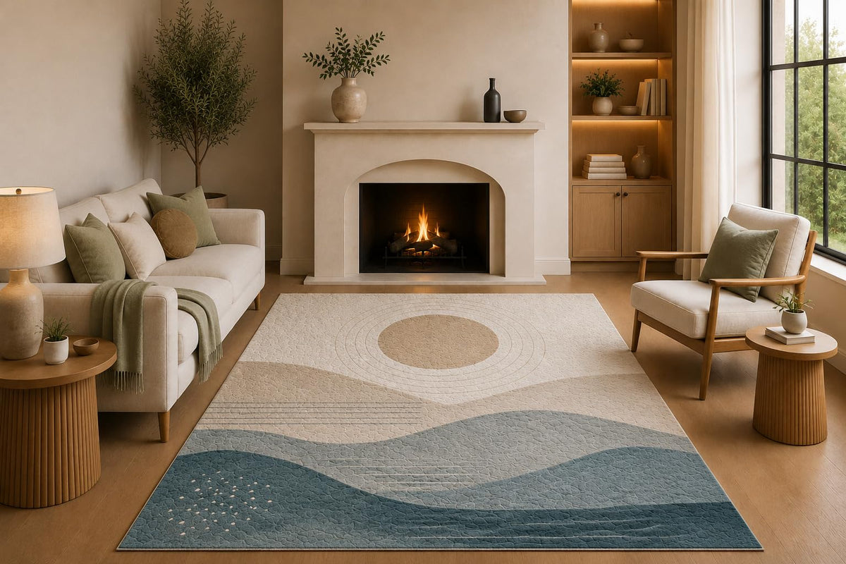 ICE ARMOR 5' x 7' Coastal Abstract Area Rug with Non-Slip Silicone Backing Low Pile Soft Carpet for Living Room Bedroom Office Blue Beige Wave Minimalist Decor