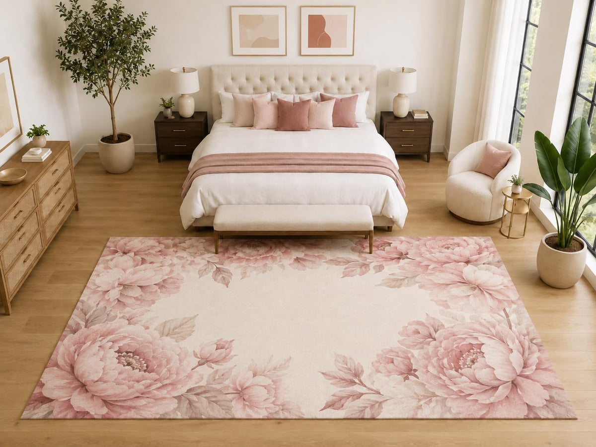 ICE ARMOR "Ultra Light Weight Large 6'7" x 9'10" Floral Peony Border Rug, Soft Low Pile Indoor Rug, Non-Slip Silicone Backing for Bedroom Blush Pink