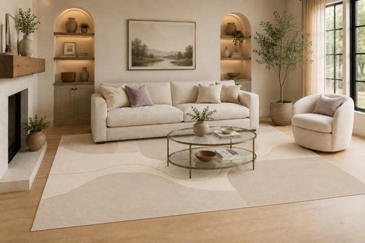 ICE ARMOR Large 6'7" x 9'10" Cream and Beige Modern Abstract Panels Area Rug for Living Room, Soft Low Pile Carpet with Non-Slip Silicone Backing, Decor for Bedroom and Home Office