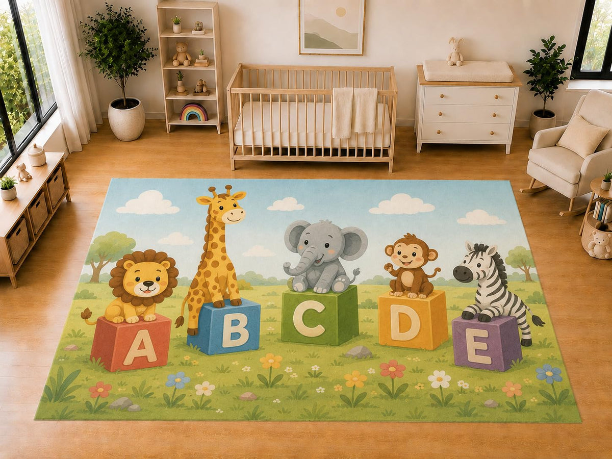 ICE ARMOR "Ultra Light Weight Large 6'7 x 9'10 Alphabet Safari Animals Area Rug for Kids Room Nursery Playroom Soft Low Pile Indoor Carpet Learning Floor Decor