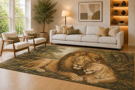 ICE ARMOR Large 6'7" x 9'10" Brown & Olive Lion Couple Area Rug for Living Room, Soft Low Pile Carpet with Non-Slip Silicone Backing, Decor for Bedroom & Home Office