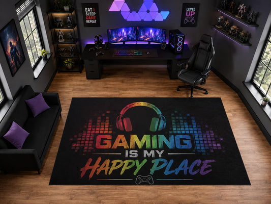 ICE ARMOR "Ultra Light Weight Large 6'7" x 9'10" Gaming is My Happy Place Headset Area Rug for Playroom Decor, Soft Low Pile Indoor Rug with Non-Slip Silicone Backing, Black Multicolor