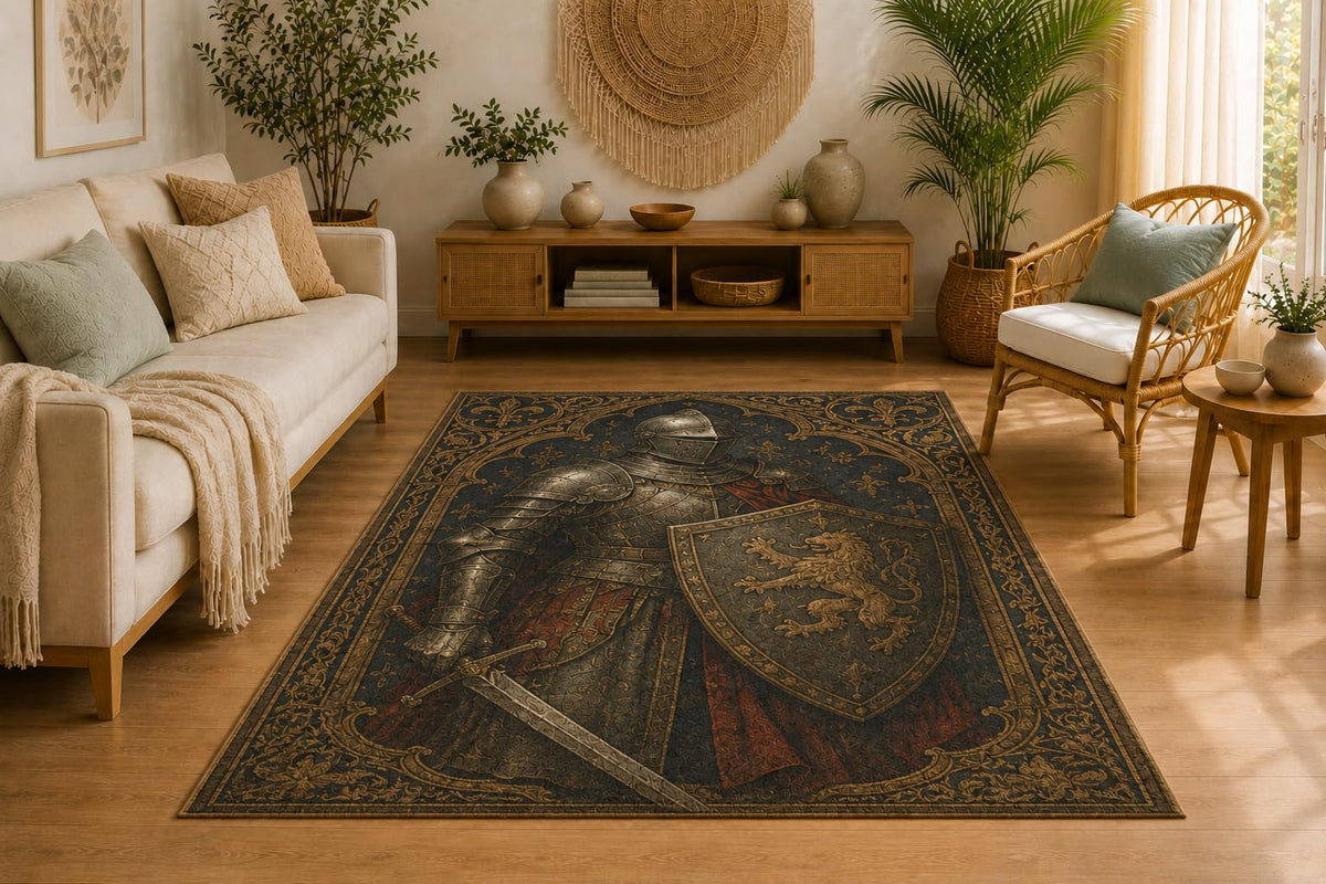 ICE ARMOR 5' x 7' Medieval Knight Armor Area Rug, Soft Low Pile Indoor Rug with Non-Slip Silicone Backing, Decorative Carpet for Living Room, Bedroom, Dining Room, Office, Heraldic Shield Design