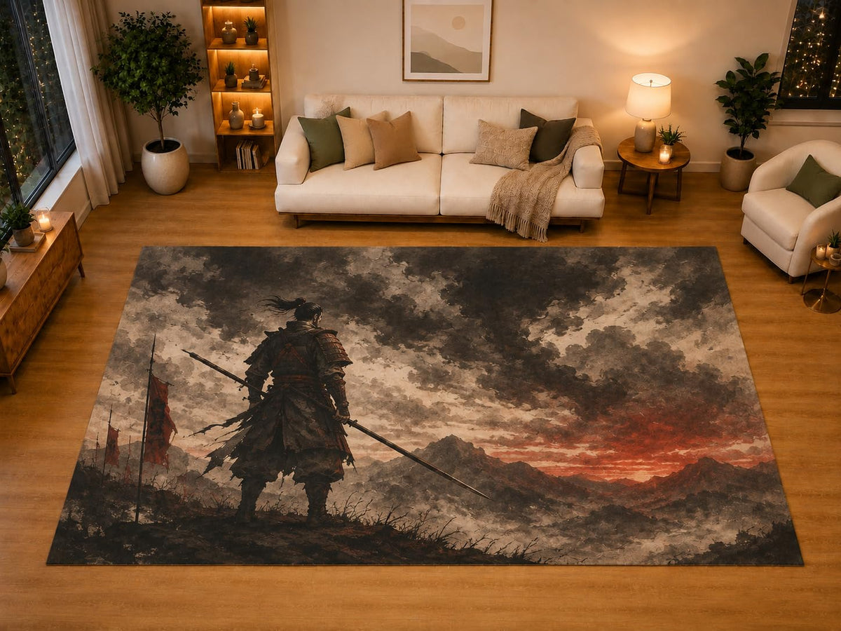 ICE ARMOR "Ultra Light Weight Large 6'7" x 9'10" Spear Fighter Storm Area Rug for Living Room Bedroom Dining Area, Soft Low Pile Non-Slip Backing, Beige Black Red Martial Decor