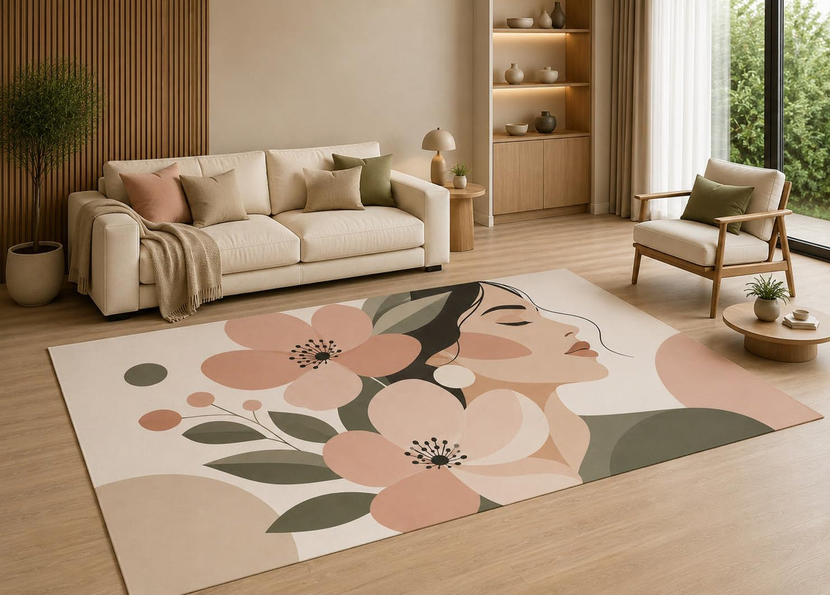 ICE ARMOR 5' x 7' Modern Floral Woman Face Area Rug with Non-Slip Silicone Backing Low Pile Soft Carpet for Living Room Bedroom Abstract Portrait Decor