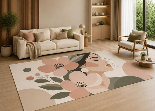ICE ARMOR 5' x 7' Modern Floral Woman Face Area Rug with Non-Slip Silicone Backing Low Pile Soft Carpet for Living Room Bedroom Abstract Portrait Decor