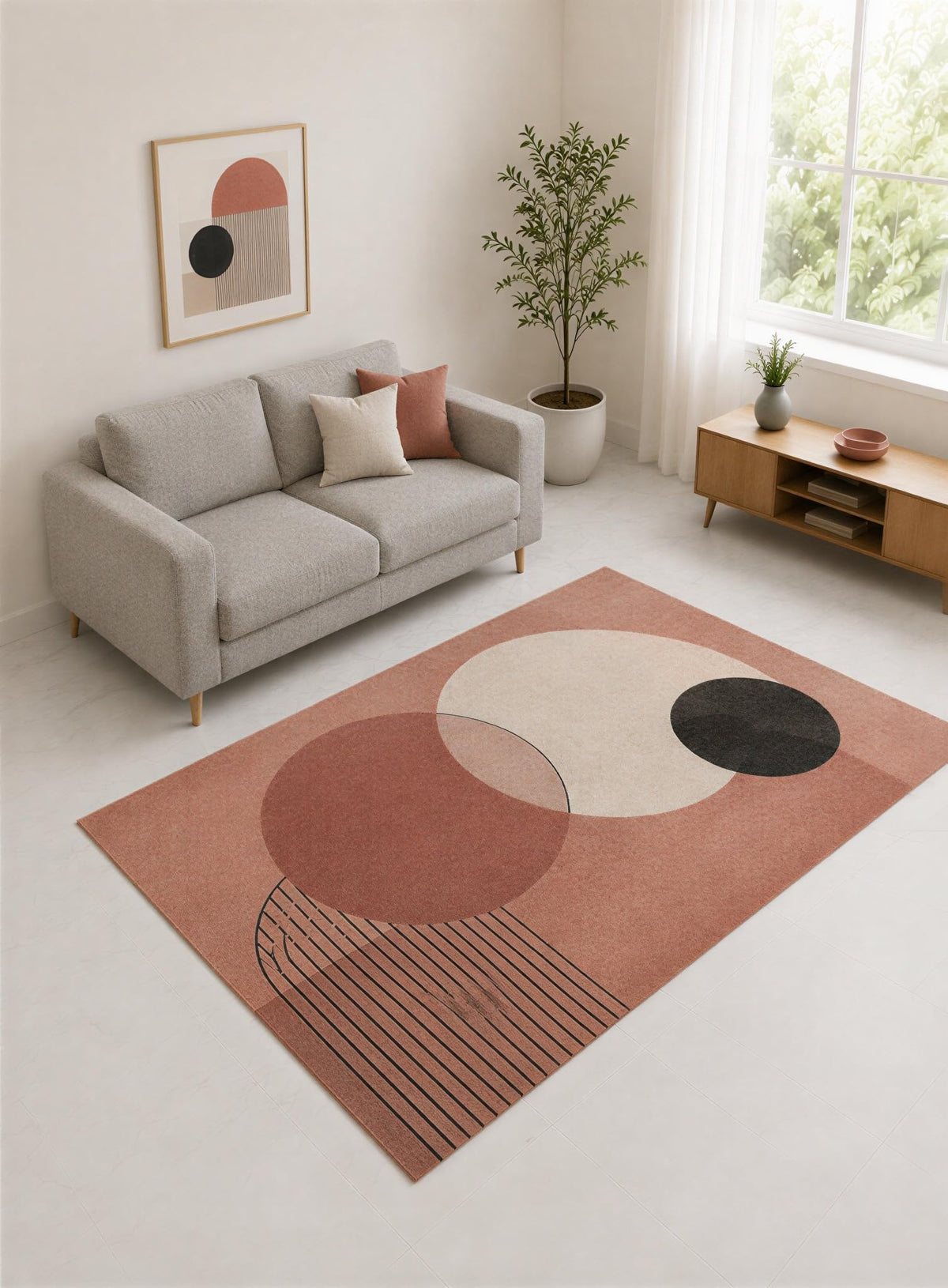 ICE ARMOR "Ultra Lightweight 5' x 7' Terracotta and Cream Overlapping Circle Abstract Area Rug for Living Room, Bedroom and Home Office, Soft Low Pile Carpet with Non-Slip Silicone Backing