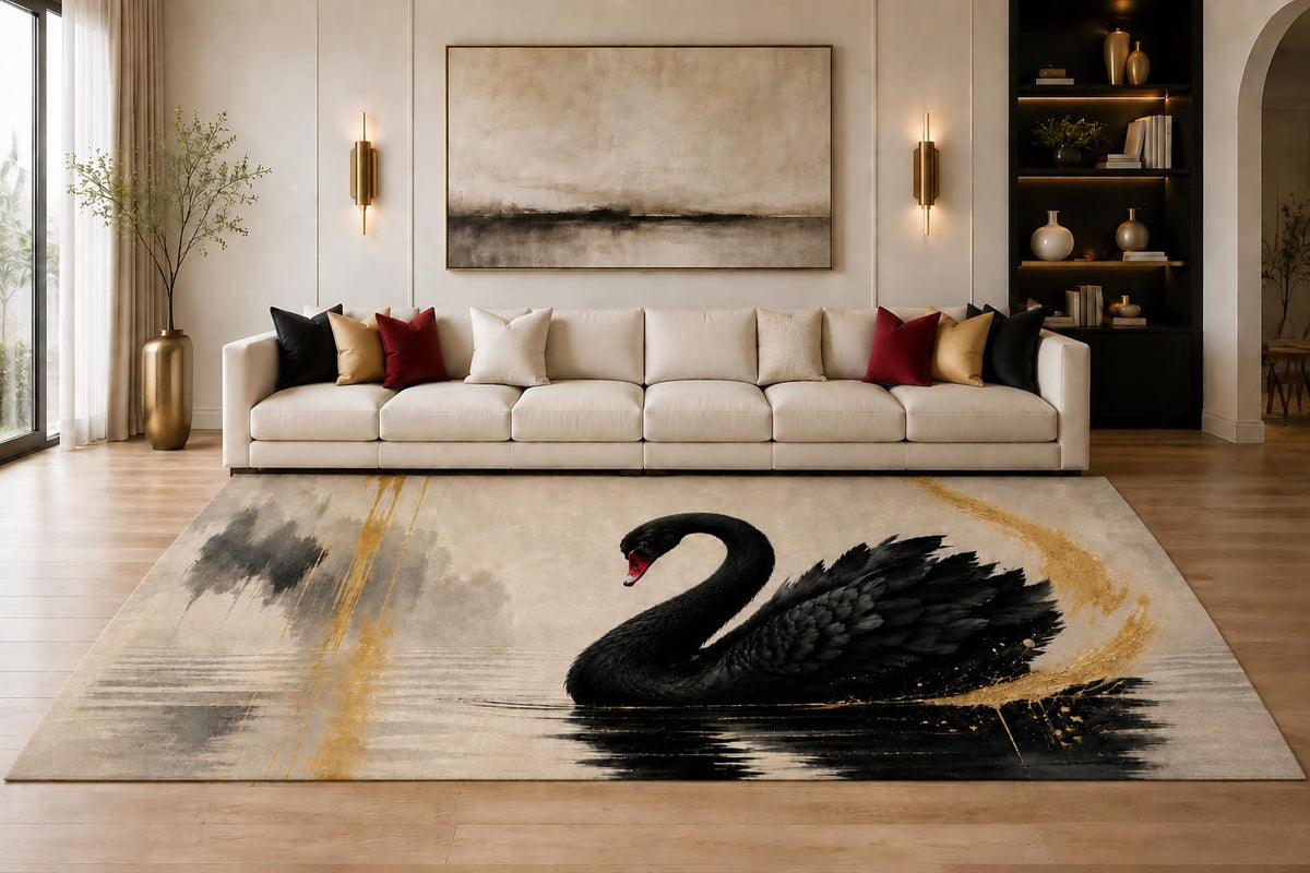 ICE ARMOR "Ultra Lightweight Large 6'7" x 9'10" Black Swan Reflection Area Rug for Living Room, Bedroom and Home Office, Soft Low Pile Carpet with Non-Slip Silicone Backing, Black and Beige