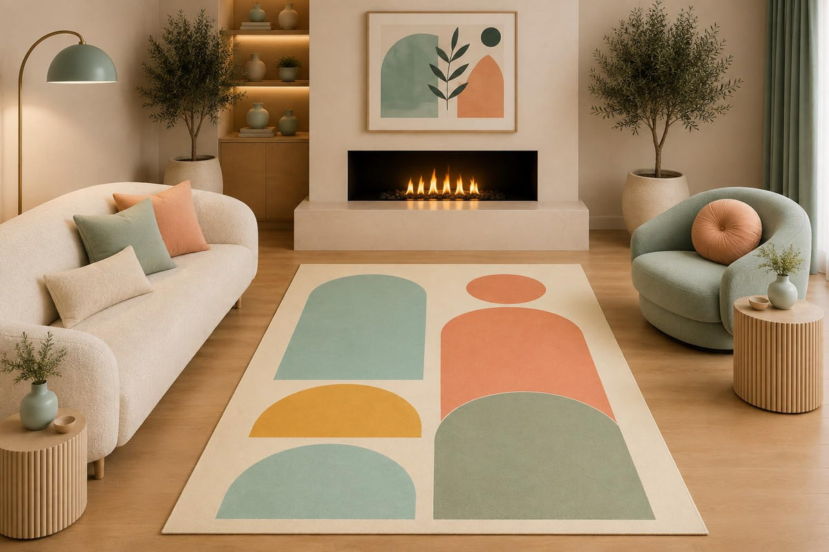 ICE ARMOR 5' x 7' Mid Century Modern Abstract Area Rug Geometric Arch Shapes Sage Green Coral Mustard Cream for Living Room Bedroom Non-Slip Silicone Backing Low Pile