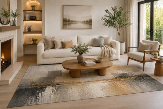 ICE ARMOR 6'7" x 9'10" Gray, Beige and Cream Modern Brushstroke Motion Area Rug for Living Room, Soft Low Pile with Non-Slip Backing, Bedroom, Dining Area and Office Decor