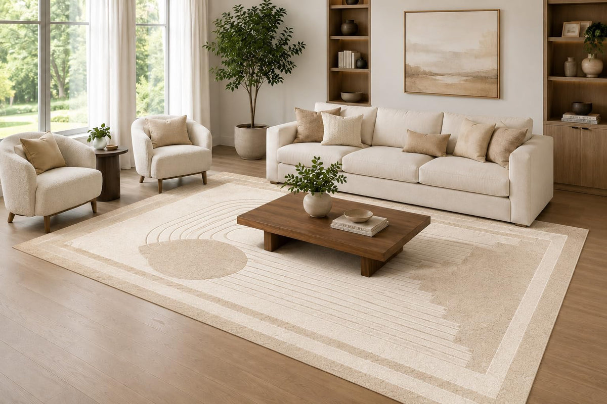 ICE ARMOR Large 6'7" x 9'10" Beige and Ivory Linear Circle Harmony Area Rug for Living Room, Soft Low Pile Carpet with Non-Slip Silicone Backing, Decor for Bedroom and Home Office
