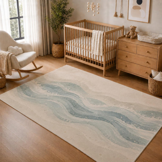 ICE ARMOR 5' x 7' Abstract Blue Flowing Waves Area Rug, Soft Low Pile Indoor Rug with Non-Slip Silicone Backing, Modern Carpet for Living Room, Bedroom, Office, Family Room, Blue Ivory