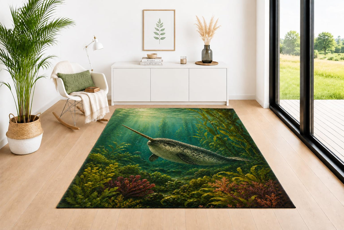 ICE ARMOR 5' x 7' Narwhal Underwater Area Rug, Soft Low Pile Indoor Carpet with Non-Slip Silicone Backing for Living Room, Bedroom, Dining Space, Office, Kids & Pets, Green