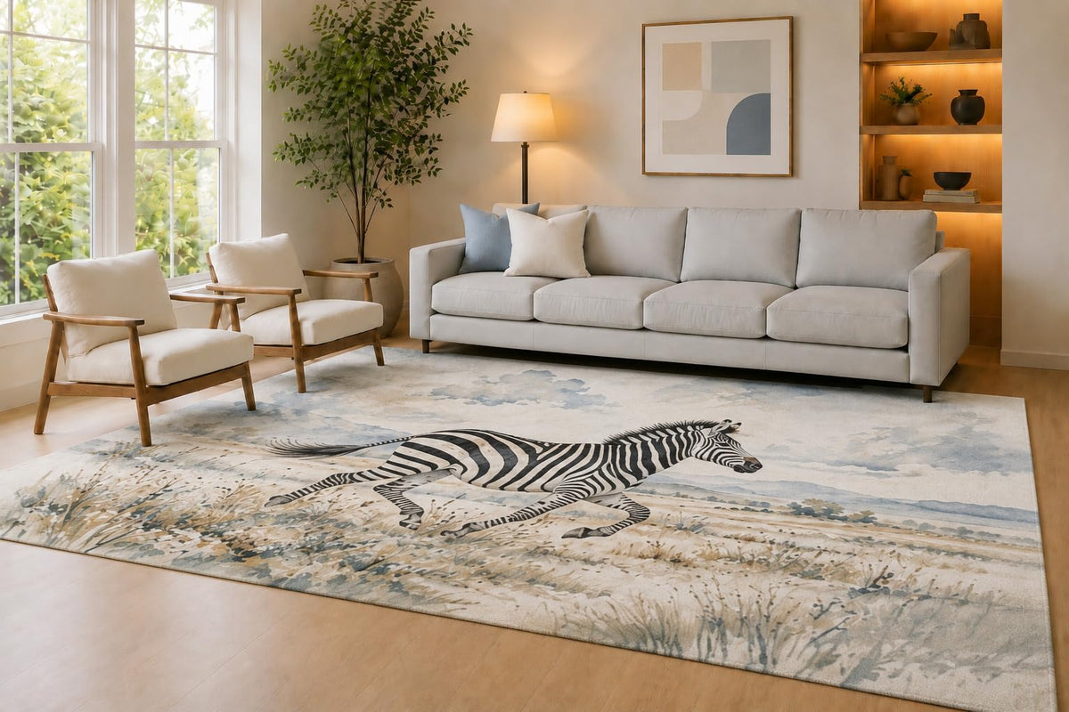 ICE ARMOR Large 6'7" x 9'10" Blue and Cream Running Zebra Area Rug for Living Room, Soft Low Pile Carpet with Non-Slip Silicone Backing, Decor for Bedroom Dining Room and Home Office