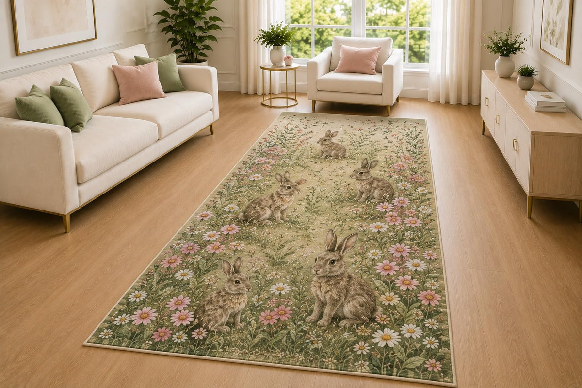 ICE ARMOR 5' x 7' Woodland Rabbit Wildflower Meadow Area Rug for Living Room, Soft Low Pile Indoor Rug with Non-Slip Silicone Backing, Nature Carpet for Nursery, Playroom, Kids & Pets, Green Pink